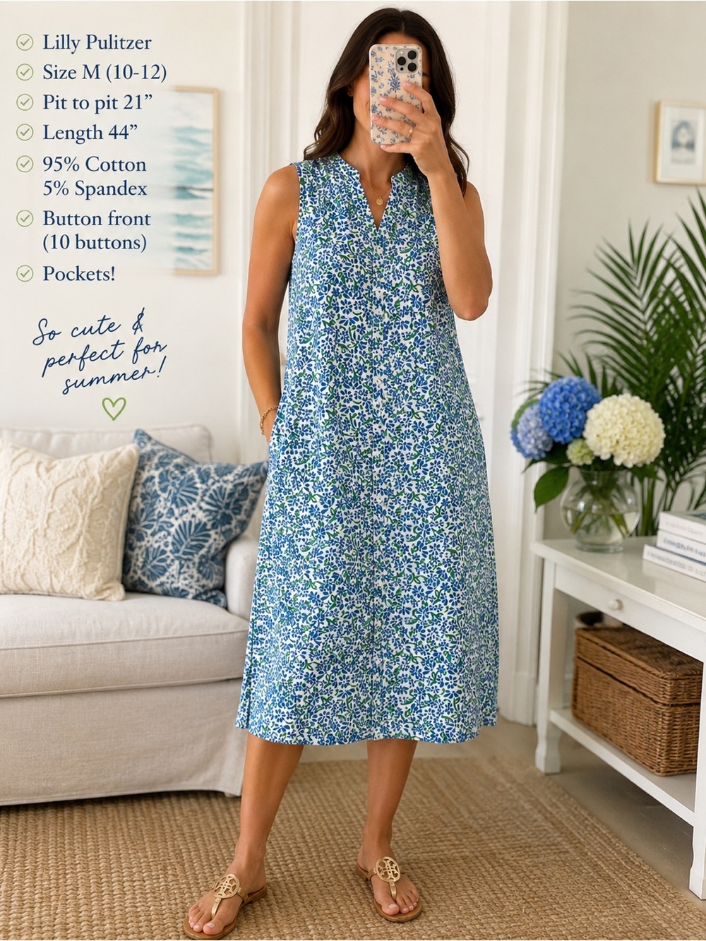 Lilly Pulitzer Blue Green Floral Midi Dress M 10-12 Pockets